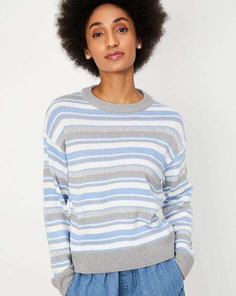 Women Striped Pullover with Ribbed Hem