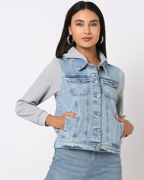 Buy Women Blue Hooded Denim Crop Jacket Online at Sassafras