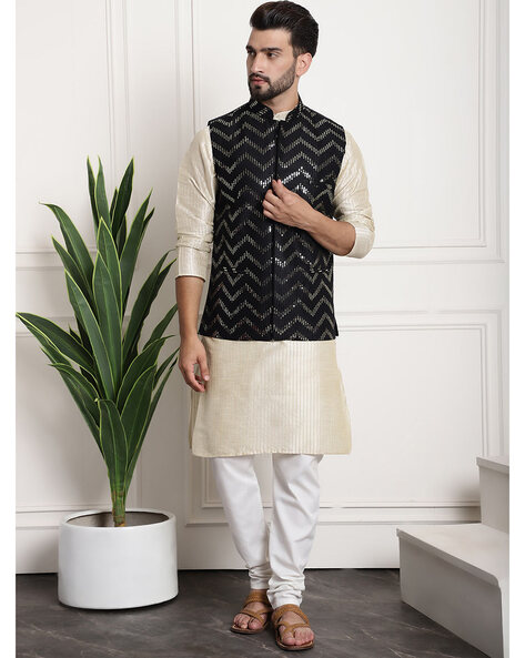 Men's White Kurta Black Pyjama Vest Set - Classy Corner