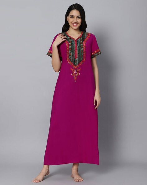 Embroidered Women Magenta V Neck Hosiery Cotton Night Gown, Half Sleeve at  Rs 349/piece in 24 Parganas