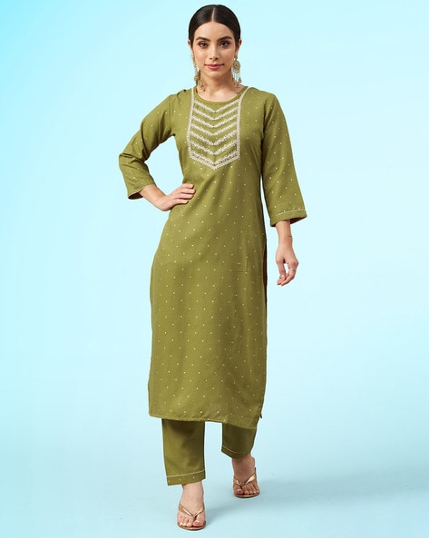 Lemon Green Suit with Purple Embroidery and Sequins | Exotic India Art