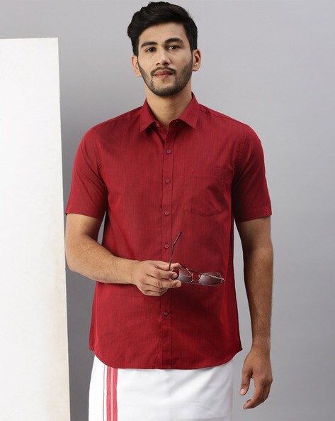 Ramraj Cotton Mens Matching Border Dhoti & Half Sleeves Shirt Set