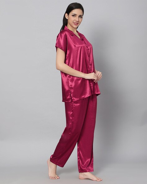 Women Satin Silk 2 pcs Printed Night Suit Sleepwear Pajamas Set Long Sleeve  Pjs Loungewear (Pink Leaf-XL) : : Clothing, Shoes & Accessories