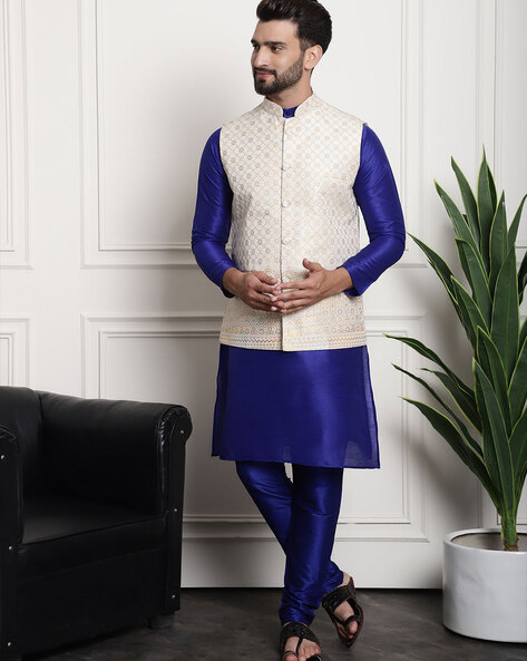 Men's Silk Blend Sea Blue Embroidered Kurta & Self Design Nehru jacket With  White Churidar Set