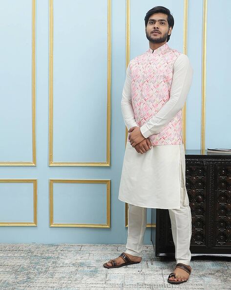 White kurta pajama with pink clearance jacket