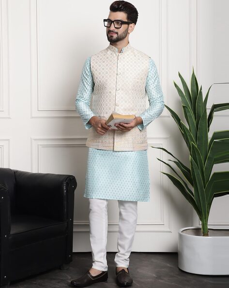 Lagoon Blue Nehru Jacket and Kurta Set in Silk with Embroidery