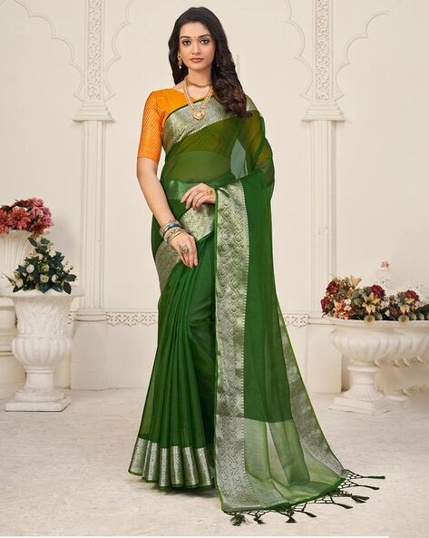 Designer Dark Teal Green Handcrafted Organza Saree with Fancy Border