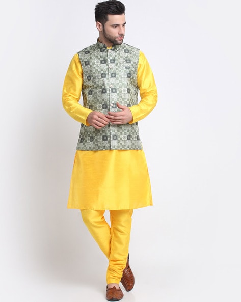 Mustard Pure Cotton Embroidery Nehru Jacket – Amogue