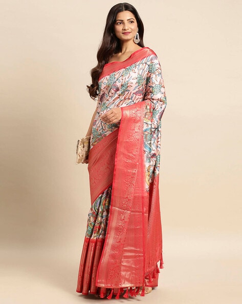 Semi matka saree peach shade and rust shade with allover kalamkari pri –  Prashanti Sarees