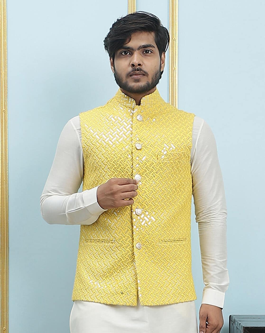 Mustard Pure Cotton Embroidery Nehru Jacket – Amogue