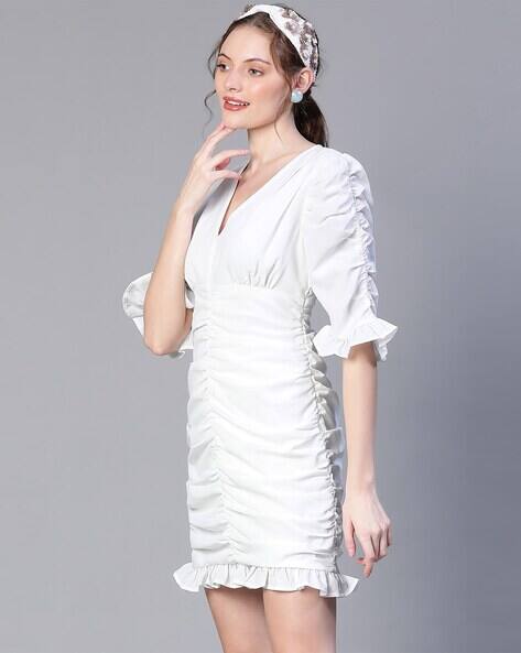 white floral satin ruched bardot bodycon dress Bodycon Dress White Satin Ruched Dress White Floral Satin Ruched Bardot  Bodycon Dress New Arrivals