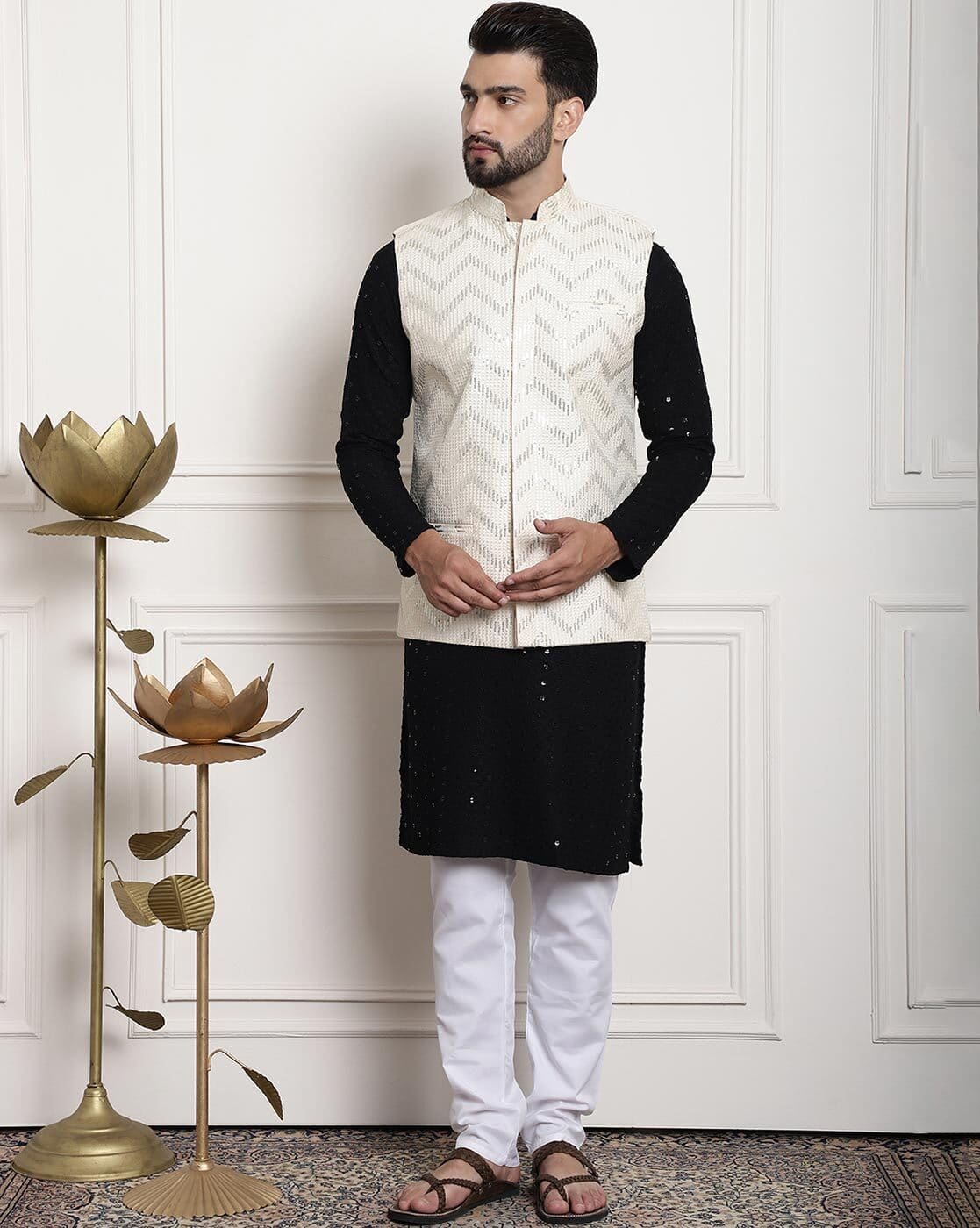 Buy Black, Cream and White 2-Piece Ethnic Suit for Men by SOJANYA
