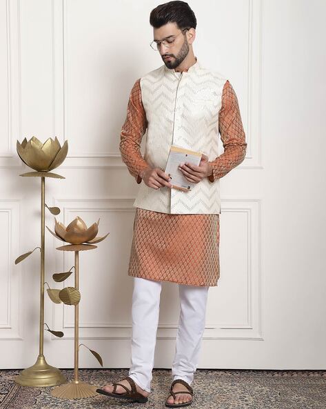 Yellow Printed Nehru Jacket and Drape Style Kurta Set – Lashkaraa