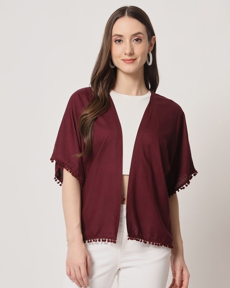 Trend Arrest Front-Open Shrug with Pom-Poms