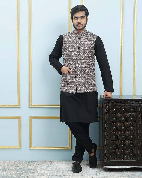 Men's Silk Blend Black Kurta & Mustard Nehrujacket Off White Churidar Set