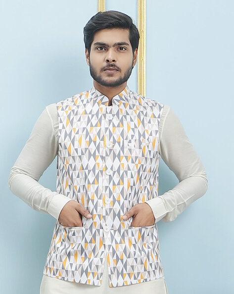 Sojanya (Since 1958) Men's Silk Blend Off White Kurta Pyjama & RoyalBlue  Nehrujacket Combo