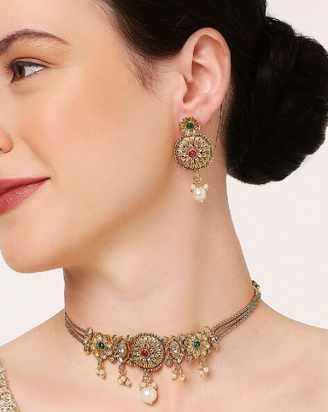 Gold Plated American Diamond South Indian style Mini choker set | One –  Indian Designs