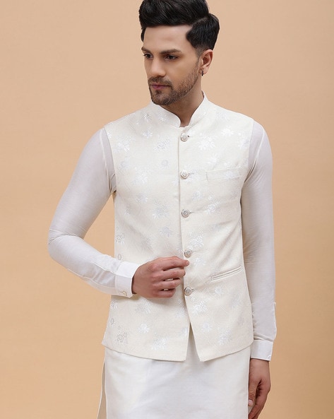 Off White Kurta Pajama With Asymmetric Nehru Jacket 242MW02