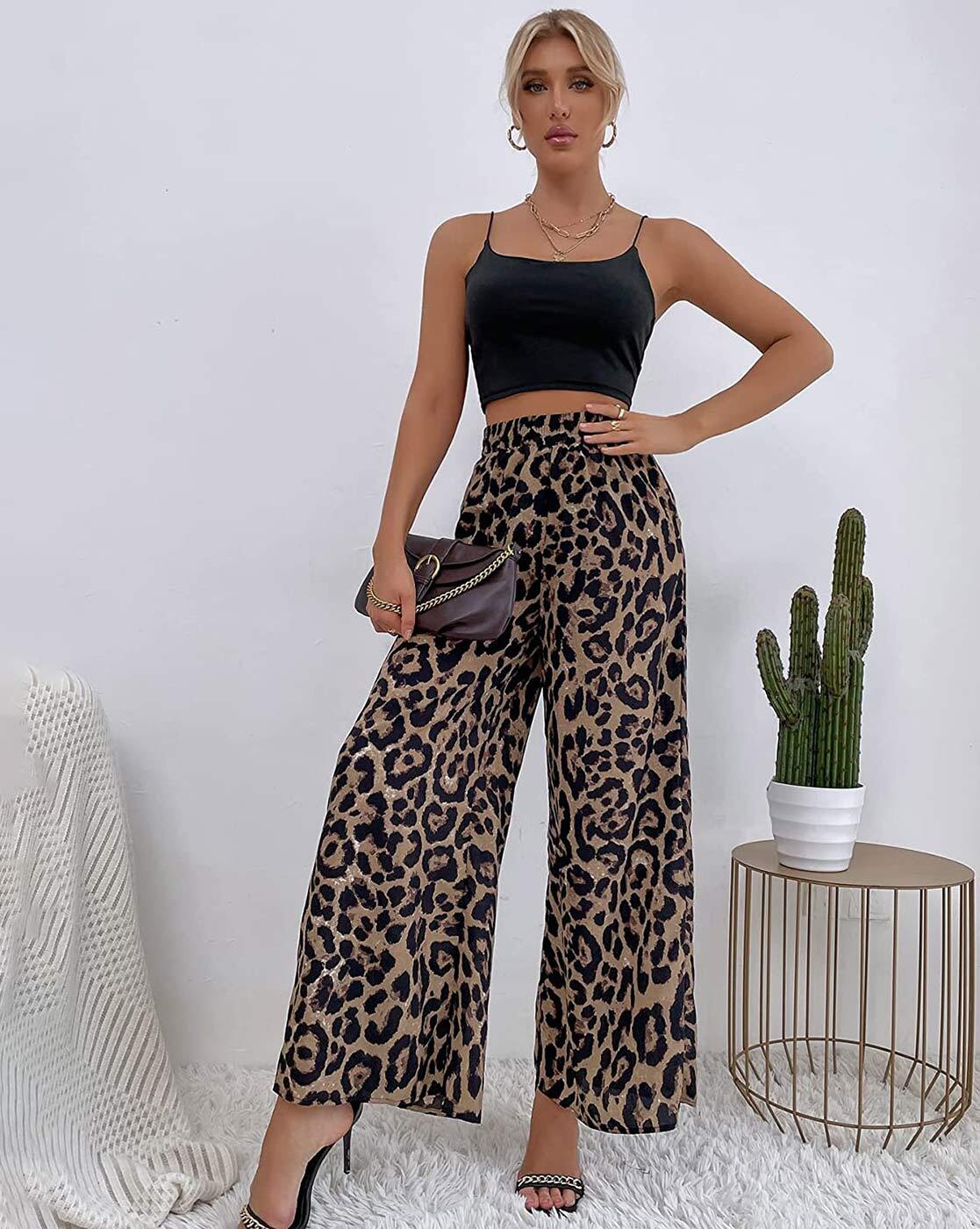 Palazzo Pants For Women Leopard High Waist Wide Leg Pants Casual Strai|  Lusy Store LLC