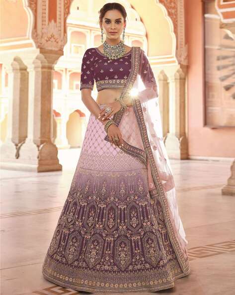 Wine Colored Soft Net Fabric Lehenga Choli With Mirror Work