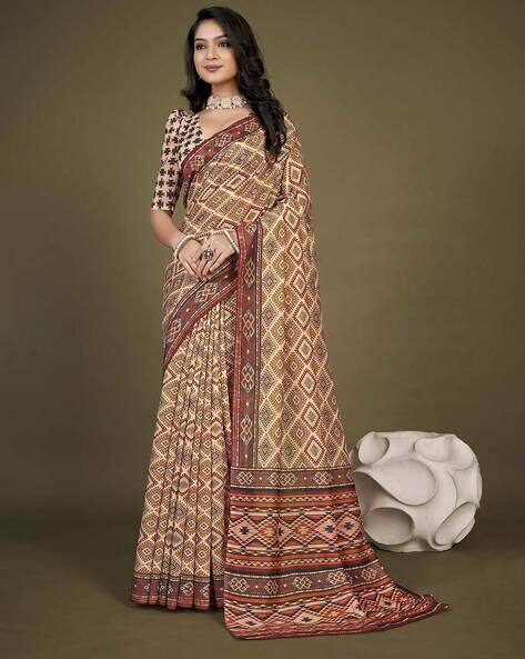 Ri-wah Geometric Print Saree with Contrast Border