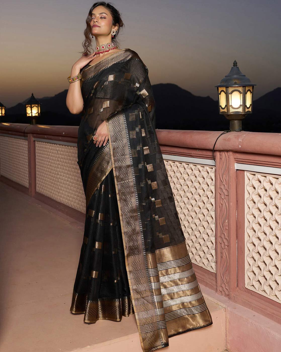 Dark Charcoal Black Silk Saree with golden broad border - Pramo Clothing