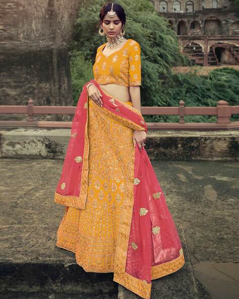 Buy Pink and Yellow Embroidered Festival Lehenga Choli Online : 209487 -