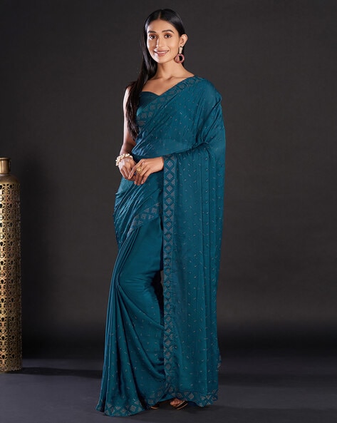 Teal Blue Embroidered Readymade Saree In Satin Silk 5667SR03