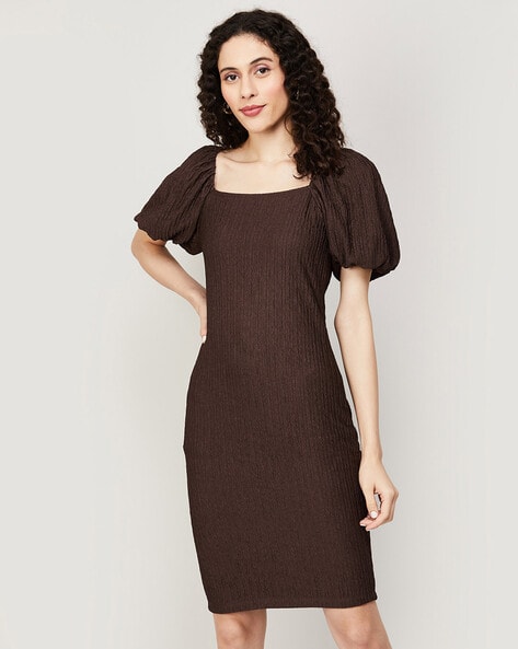 Square-Neck Bodycon Dress with Puff Sleeves