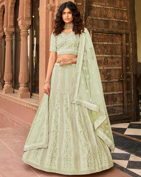 Buy Green Lehenga Chinnon Embroidery Mukaish Boat Draped Crop Top And Set  For Women by Samyukta Singhania Online at Aza Fashions.