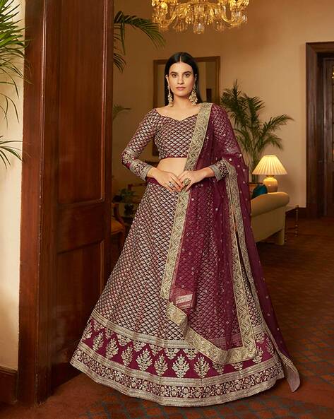 Dori And Stone Work Maroon Color Lehenga With Net Dupatta