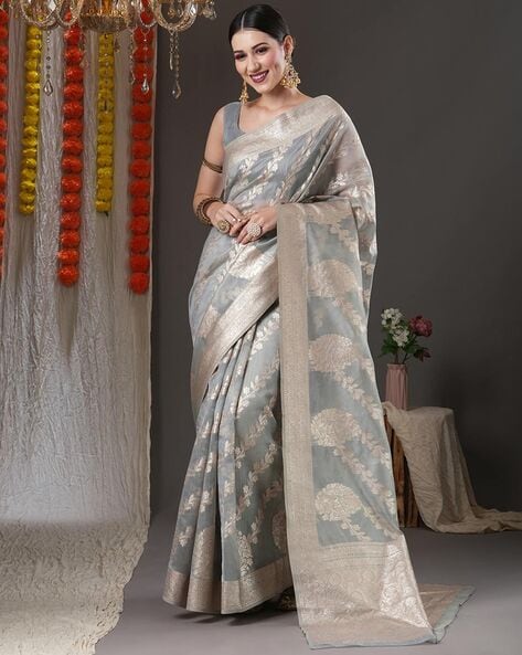 Banarasee Organza Mix Saree With Silver Zari Buta & Border-Pink