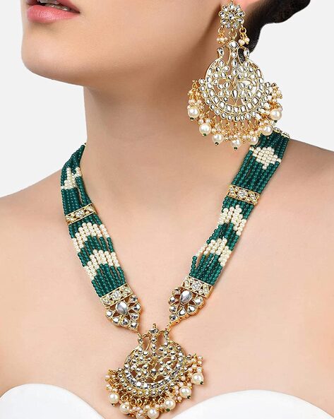 Rubans Rhodium plated Emerald green Double Layer Necklace Jewellery Se