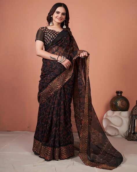 Satrani Brown Printed Saree With Unstitched Blouse