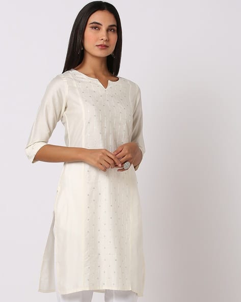 AVAASA MIX N' MATCH Embellished Notched Round-Neck Straight Kurta (Off-White)