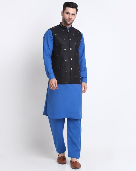 Men White Solid Kurta Pyjama with Blue Embroidered Nehru Jacket – Jompers