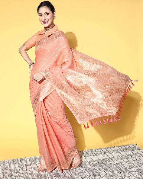 Peach Organza Saree With Contrast Blouse