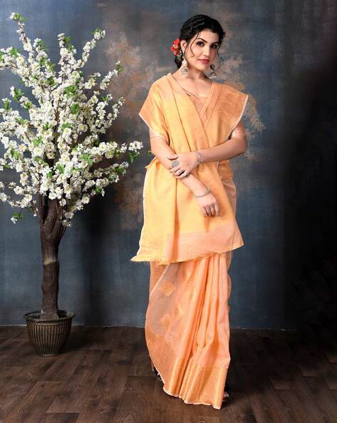 Banarasi Organza Zari Weaving Peach Saree For Women – tapee.in