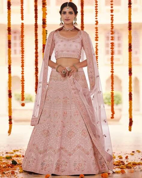 Peach & Yellow Uppada Silk Embroidered Lehenga Set Design by NITISHA  KASHYAP at Pernia's Pop Up Shop 2024