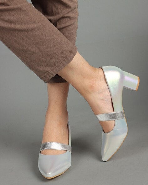 Silver pumps block online heel