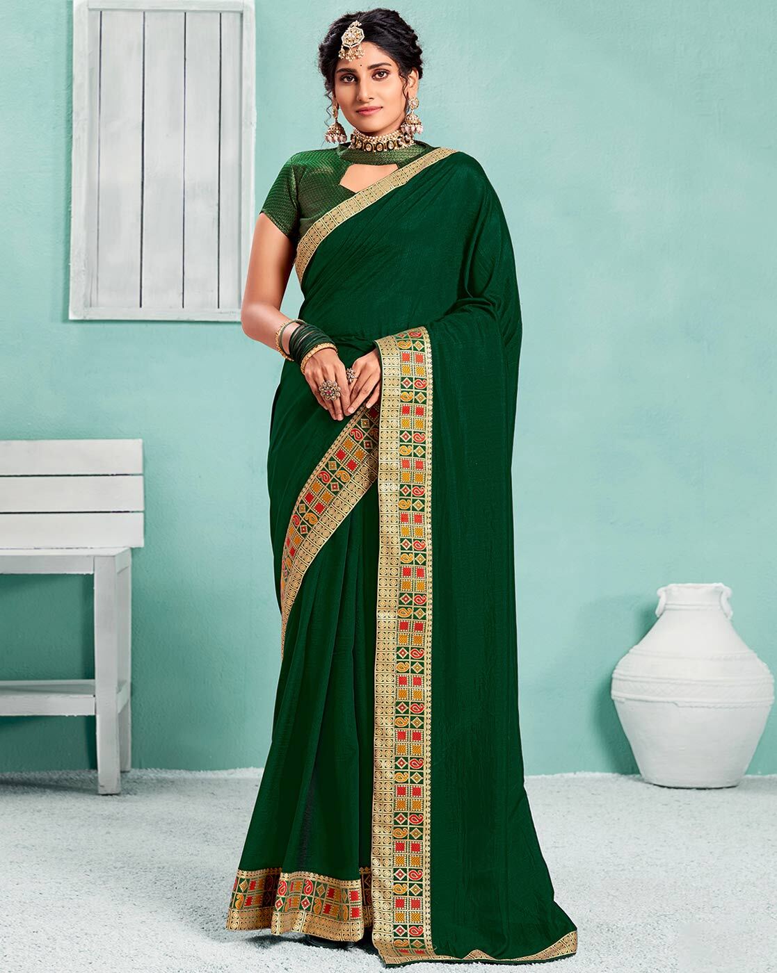 Nirmal Creations Best & Pure Pista Green And Rani Pink Saree With Blouse  Piece - Nirmal Creations | Nirmal Creations