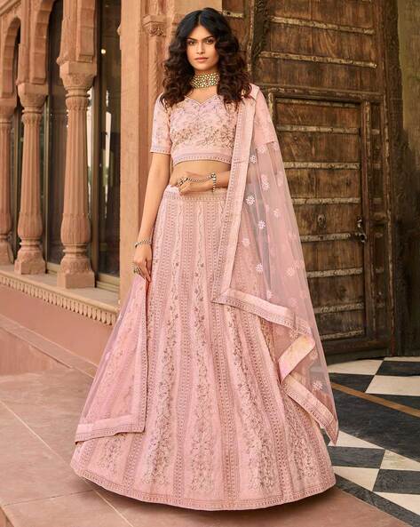 Buy Light Brown Sarin Silk Lehenga Choli with Pink Net Dupatta Online -  LEHV2263 | Appelle Fashion