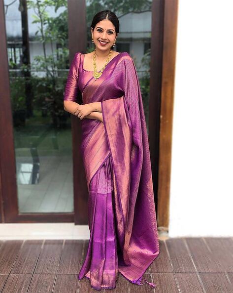 Mauve Purple Banarasi Saree with Embroidery Work - Urban Womania