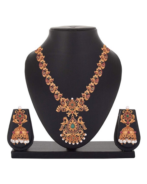 Gold plated long hot sale necklace set with price