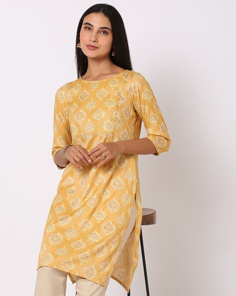 Buy Myshka Women Yellow Printed Straight Kurti Online at 67% off. |Paytm  Mall