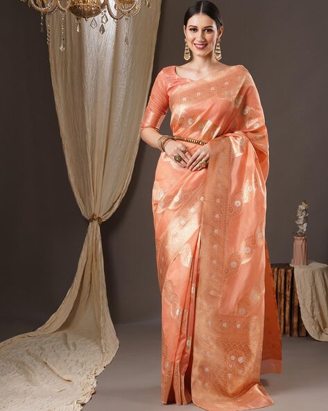 An Elegant Designed Peach Color |Banarasi Saree |Kotasilk - Delight /  Stitched Blouse ($7) | Contrast blouse, Saree, Peach saree