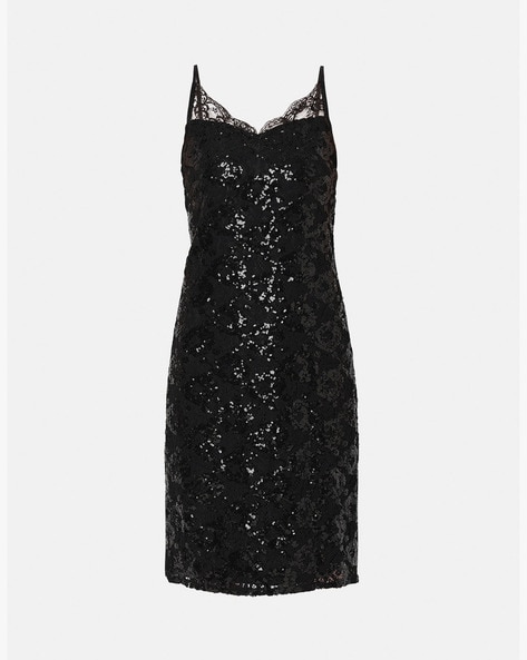 Black strappy lace shift dress hotsell