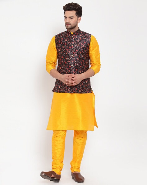 Shop Yellow Cotton Printed Nehru Jackets Online : 253194 -