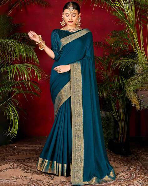 Gayatri - Buy Teal Blue Organic Linen Sari Online | Linen World