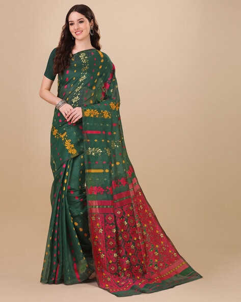 Buy 3D Bengal Dhakai Jamdani Saree Online | Red, Yellow and Green – Putul's  Fashion